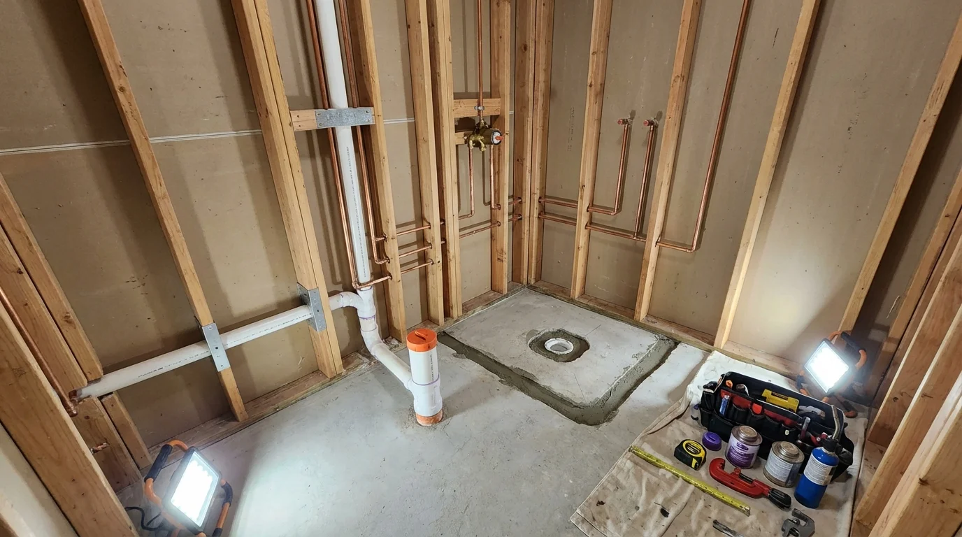 Bathroom rough-in plumbing during remodel by Johns Plumbing LLC in Sugar City