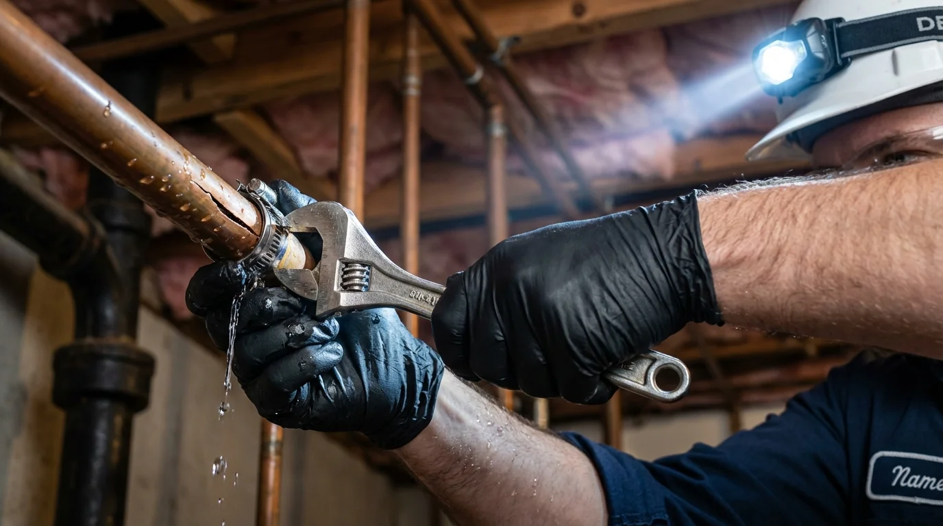 Emergency pipe clamp repair being performed by a Johns Plumbing LLC plumber in Sugar City