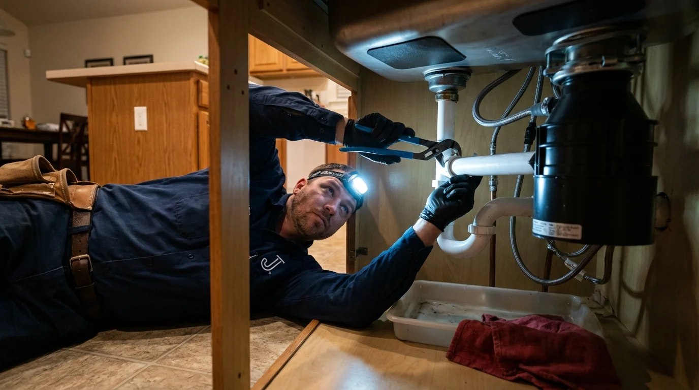 P-trap and supply line connections under a kitchen sink showing a common leak point in Sugar City, ID